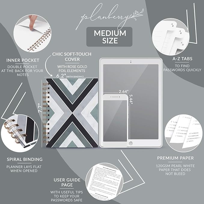 PLANBERRY Password Book Premium – Alphabetized Internet Address Organizer with A-Z Tabs – Website & Computer Password Keeper with Alphabetical Tabs – 6.2x7.7″, Hardcover (Emerald)