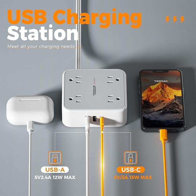 TESSAN Surge Protector Power Strip Flat Plug, Long Extension Cord 10 FT with 8 Outlets, 3 USB Ports(1 USB C), 3-Sided Outlet Extender, 900 Joules Protection, Desk Charging Station for Home, Office