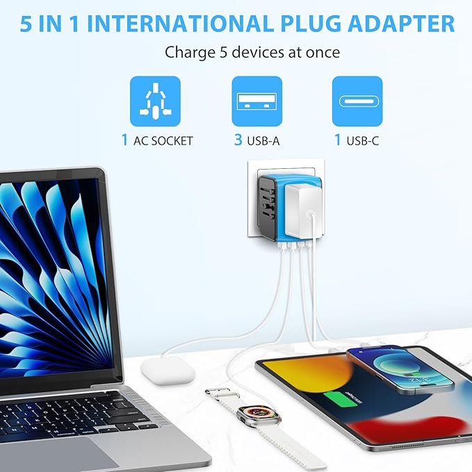Universal International Travel Power Adapter, All in One Wall Charger with High Speed 2.4A 3xUSB, 3.0A Type-C, European Adapter, Worldwide AC Outlet Plugs for UK, CA, EU, AU, Asia (Blue)
