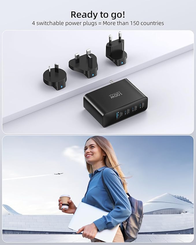100W USB C Travel Charger, 4-Ports Foldable Travel Adapter Plug Converter with UK/EU/AU Plugs, Fast Charging for MacBook Pro/Air, iPad Pro, iPhone 15/14 Pro Max, for 45w Samsung Galaxy, Black
