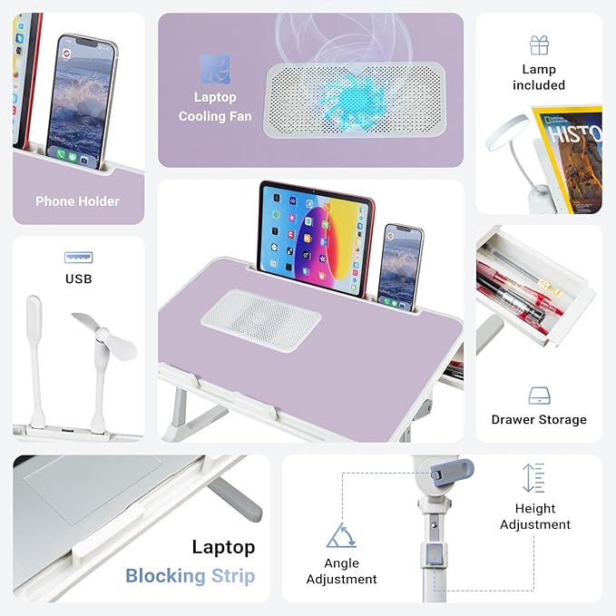 Laptop Lap Desk Include Cooling Fan,Adjustable Lap Desk with Light Fan,Folding Laptop Desk for Bed with USB,Bed Desk with Storage Drawer 60x40cm,Purple