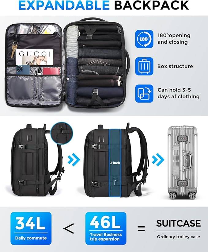 Travel Backpack for Men, Flight Approved Carry On Luggage Backpack with USB Port, Water Resistant Expandable Computer Daypack, 17.3 Inch Black Business Laptop Backpack for College/Work