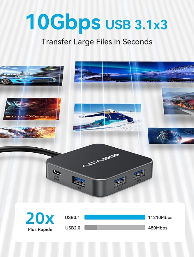 USB C Hub Long Cable 4FT 10Gbps, Multiport Adapter with 4K 60Hz HDMI, 100W Power Delivery, 3 USB A3.1+1 USB-C 3.1 Data Port, USB C to HDMI Adapter for MacBook, Dell, Lenovo, Surface, iPad PRO