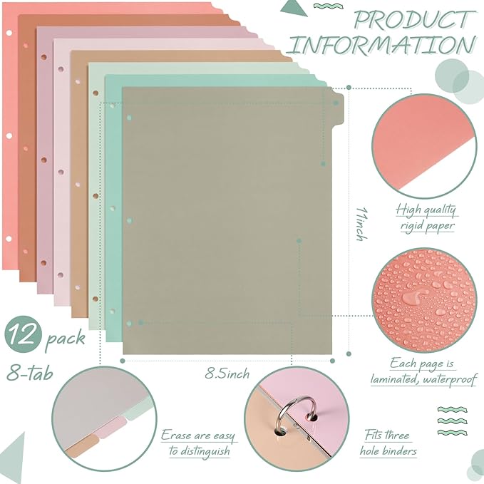 Honoson 12 Sets 8 Tab Dividers for 3 Ring Binders Plastic File 8.5 x 11 Inch Paper Multicolor Page Binder Index Dividers for School Office
