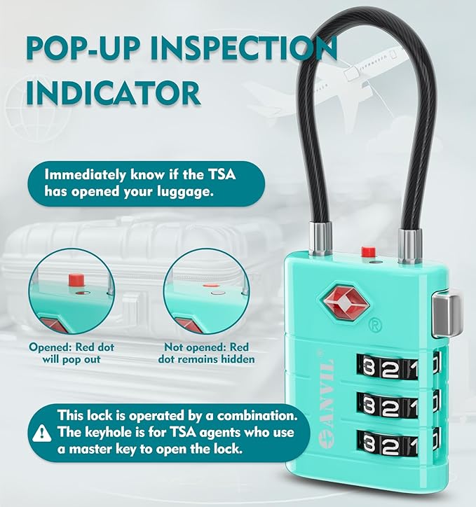 ANVIL TSA Approved Luggage Locks – High Security TSA008 Combination Travel Locks with Inspection Indicator for Suitcases and Backpacks. (2, Cyan)