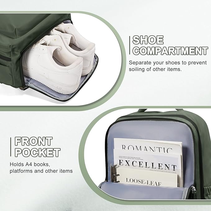 VECAVE Carry On Backpack for Women, Airline Approved Large Travel Backpack Flight Approved, Waterproof 14 Inch Laptop Backpack Business Work Backpacks Bag Men Mochila De Viaje Green.