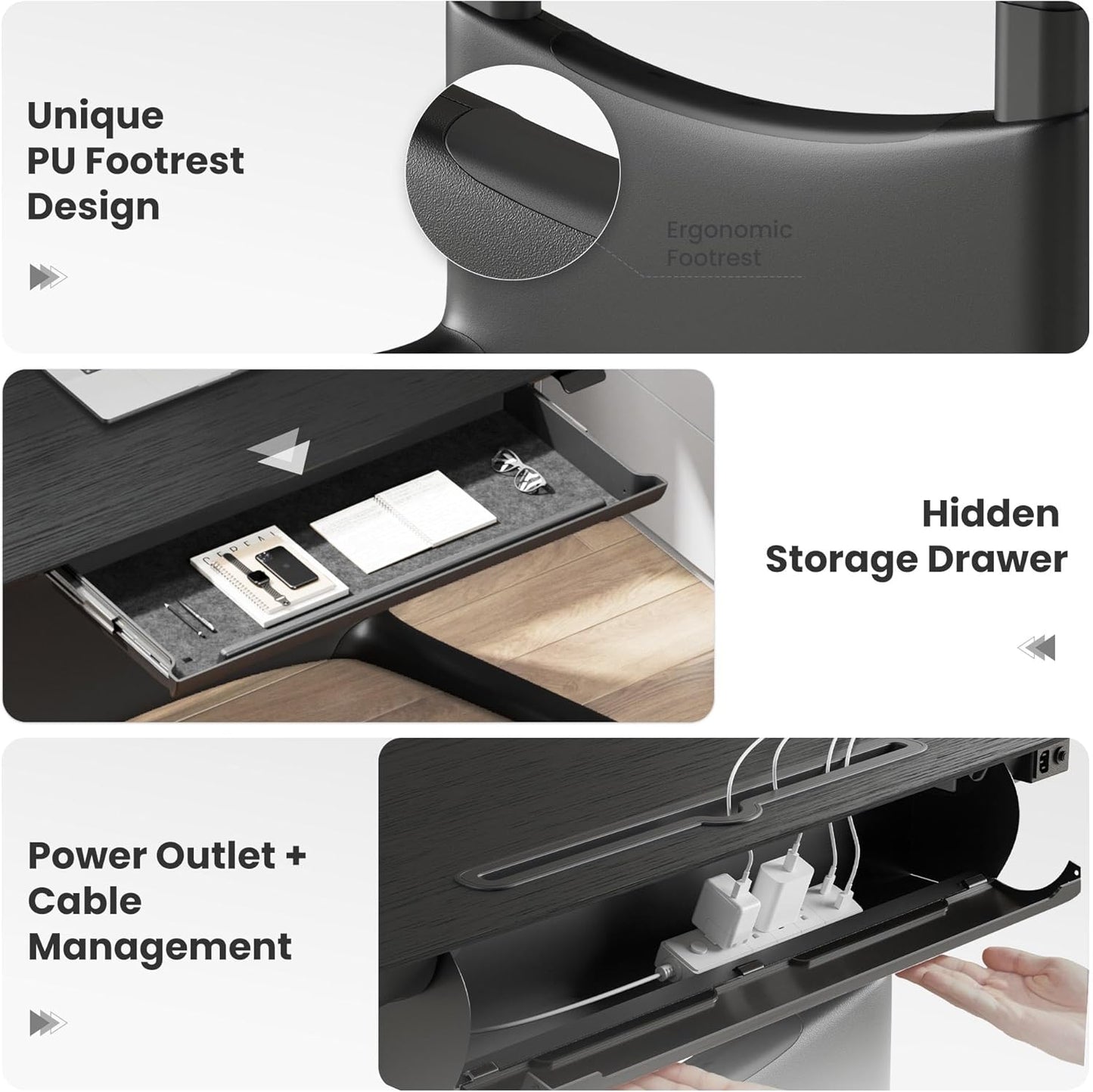 COLAMY Electric Standing Desk, Whole-Piece Gaming Desk with Dual Motors, Ergonomic Footrest, Drawers for Storage, Adjustable Height Sit-Stand Desk for Home Office (Veneer Desktop, Black Oak + Black)