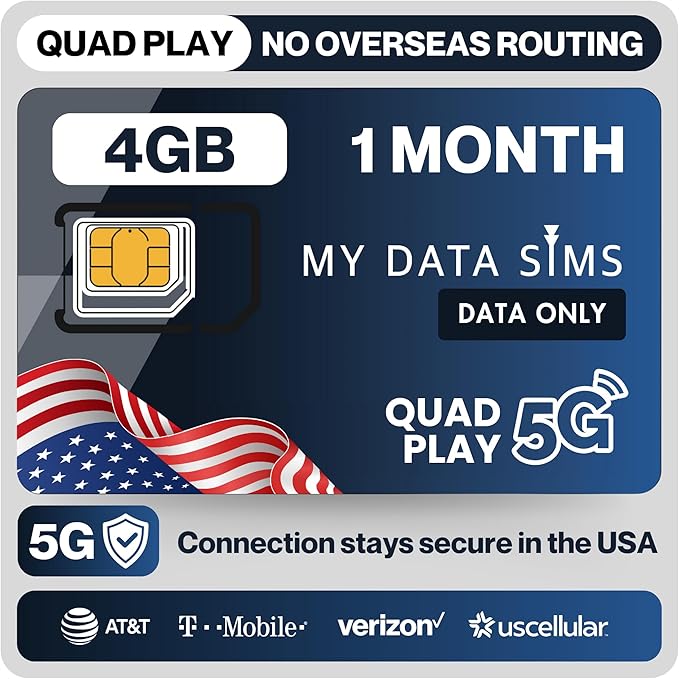 Quad Play 4GB / 1 Month IoT SIM Card for Unlocked Security, Solar & Hunting Trail Game Cameras, Data Only USA SIM, 4G/5G on AT&T, T-Mobile, Verizon & US Cellular, Triple Cut 3-in-1.