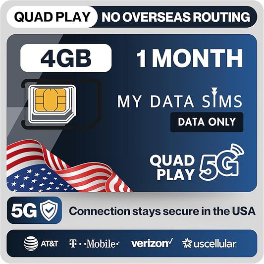 Quad Play 4GB / 1 Month IoT SIM Card for Unlocked Security, Solar & Hunting Trail Game Cameras, Data Only USA SIM, 4G/5G on AT&T, T-Mobile, Verizon & US Cellular, Triple Cut 3-in-1.