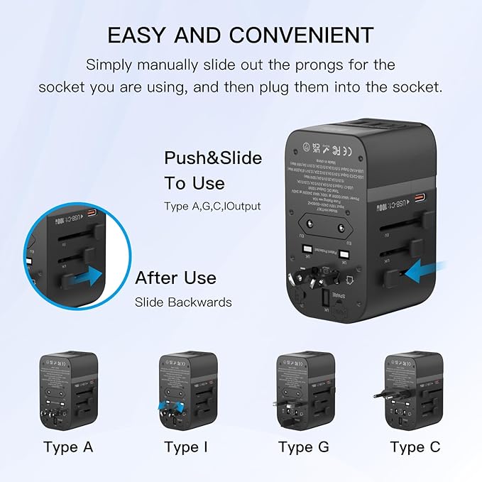 Universal Travel Adapter, PD100W International Power Adapter,3 USB-C & 2 USB-A Fast Charging Travel Charger, All in One Worldwide Travel Plug Adapter, Outlet Adapter for EU UK USA AU, Black