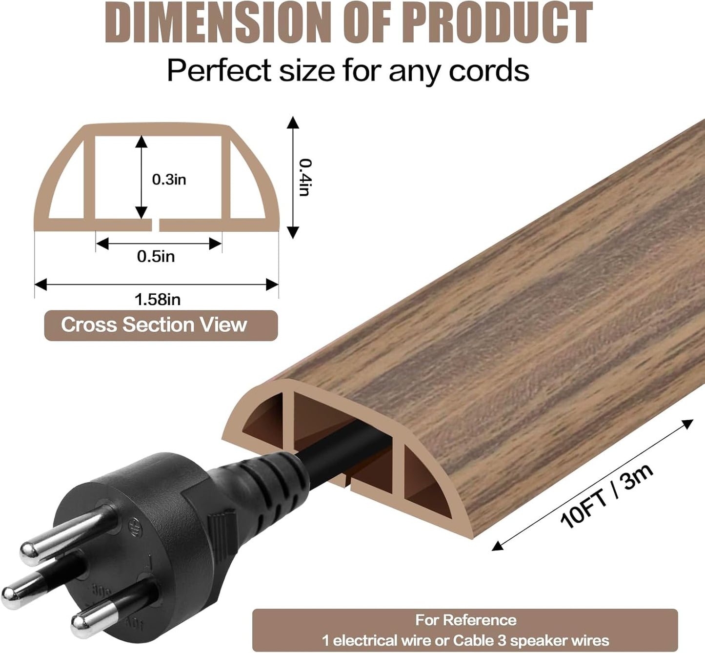 Floor Cord Cover Self Adhesive Cord Hider,10FT Cable Management, Extension Strip Protector for Wires, Prevent Cable Trips for Offices, Gyms, Exhibitions Cavity:0.51"(W) x0.3(H) Woodsmokedbrown