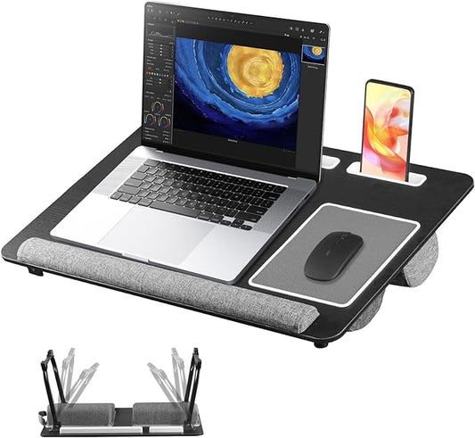 Lap Desk Bed Desk,17In Foldable Laptop Bed Tray Table with Mouse Pad,Wrist Rest and Adjustable Dual Cushion, Portable Wood Laptop Stand for Bed Sofa,Multifunctional Slot for Tablet & Phone