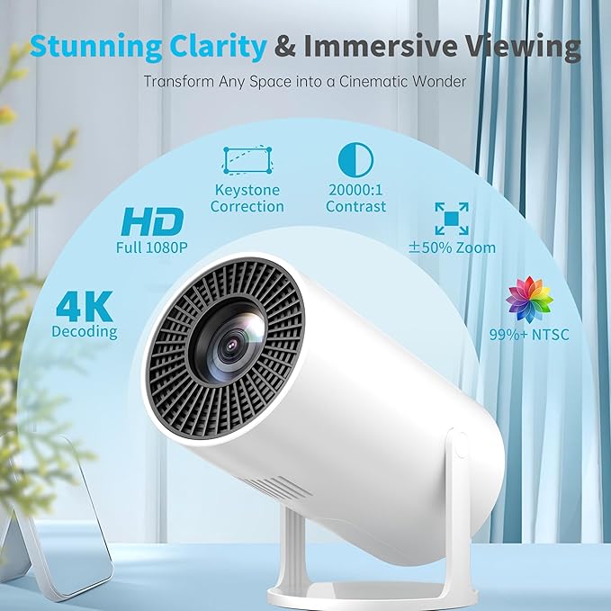 Mini Projector Portable Proyector 4K Support, Full HD 1080P Small Projector with 270° Rotatable Stand, Movie Projector Compatible with TV Stick/Smartphone/HDMI/USB for Bedroom/ Outdoor Camping