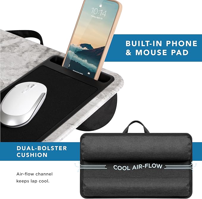 LAPGEAR Home Office Lap Desk with Device Ledge, Mouse Pad, and Phone Holder - White Marble - Fits Up To 15.6 Inch Laptops - Style No. 91501