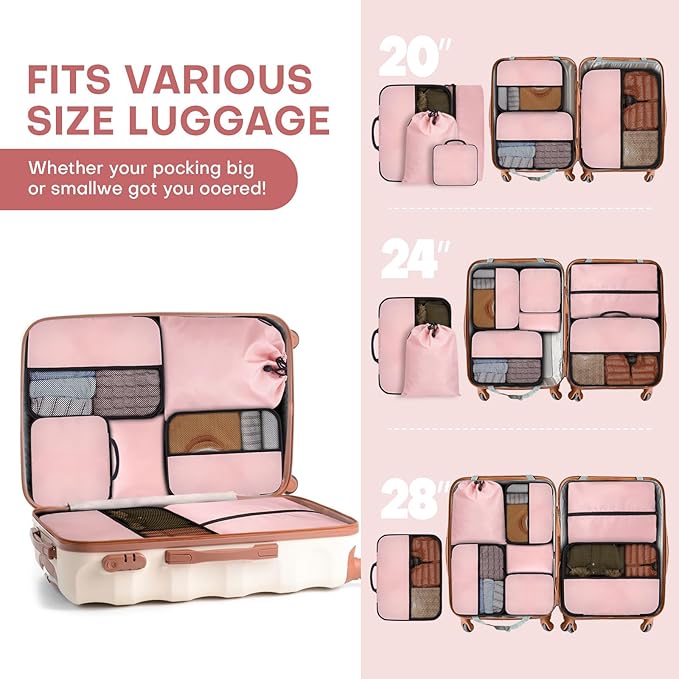 8 PCS Compression Packing Cubes for Travel Women, Compression Bags Organizer for Luggage Space Saving Travel Essentials and Carry on, Luggage Organizer Bags for Suitcase - Pink