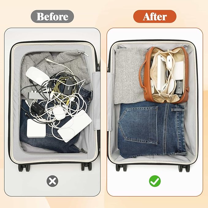 Electronic Organizer Travel Case, Portable Waterproof PU Leather Tech Pouch, Accessories Storage Bag, Compact Travel Cord Organizer for Cable, Charger, Phone, Earbuds (Brown Tech Pouch 2L)