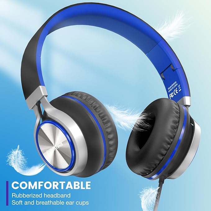 INFURTURE USB C Headphones with Mic & Volume Control, Wired Headphones Type C Only 191g Lightweight Foldable for Smartphone/Tablet, Plug-in Corded Headphone Over Ear (Blue
