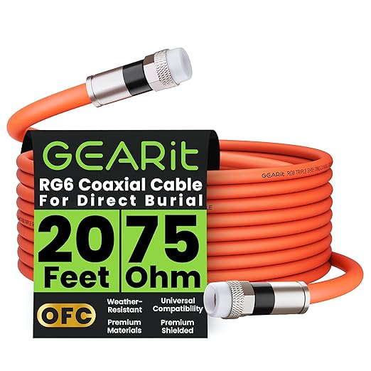 GEARit Coaxial Cable for Direct Burial (20ft) RG6 70 Ohm RF Rubber Boot Waterproof Underground in-Wall with Rubber Boot, High-Speed Internet, Broadband, Digital TV Aerial, Satellite Cable 20 Feet