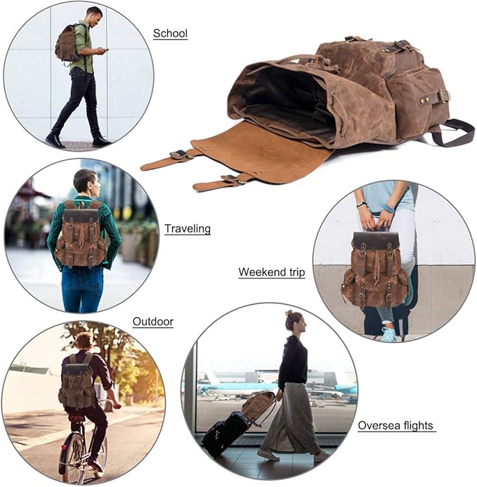WUDON Leather Backpack for Men, Waxed Canvas Shoulder Rucksack Carry-On Travel Backpack