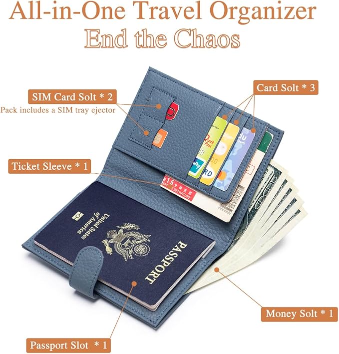 Leather Passport Holder for Travel Women – RFID Blocking Travel Passport Wallet with 1 Passport Slot & 3 Card Slots, Coin Pocket, & SIM Slot – Slim Genuine Leather Travel Organizer Denim Blue