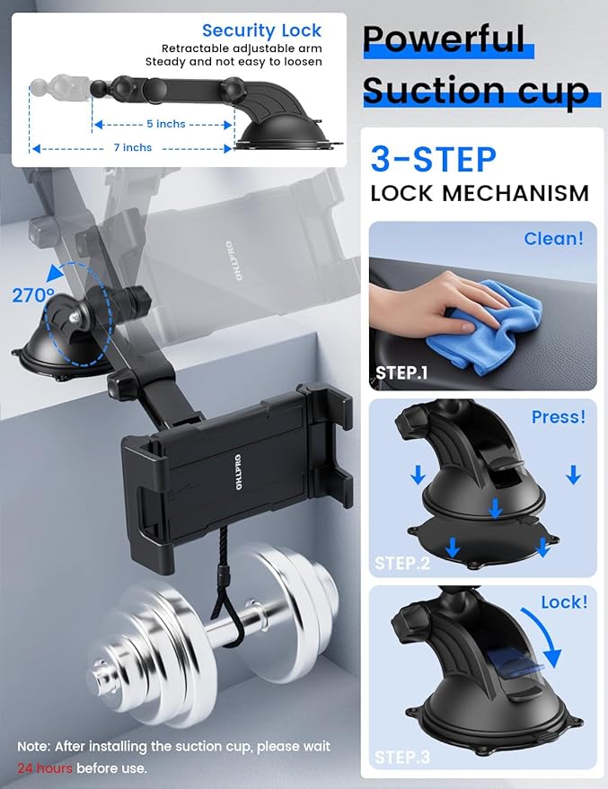 OHLPRO Tablet Holder for Car Suction Cup Mount for Dashboard & Windshield, 360° Rotation Adjustable Clamp with Telescopic Arm Compatible with 5"-13" iPad Pro,Air,Mini,Galaxy Tab, Kindle Fire