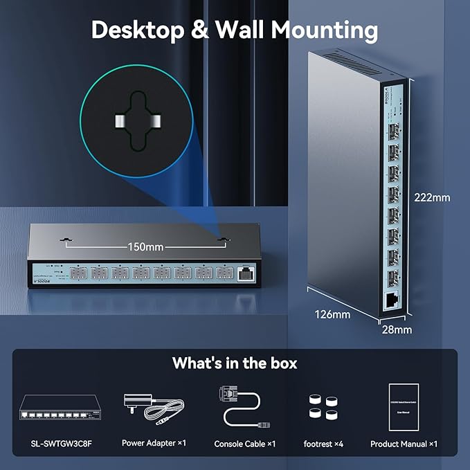8 Port 10G L3 Managed Switch, 8X10G SFP+ Interface, Link Aggregation/QoS/VLAN/IGMP, Wall Mounted Fanless 10Gb SFP Network Switch（SFPPorts Only,Transceiver is NOT Included