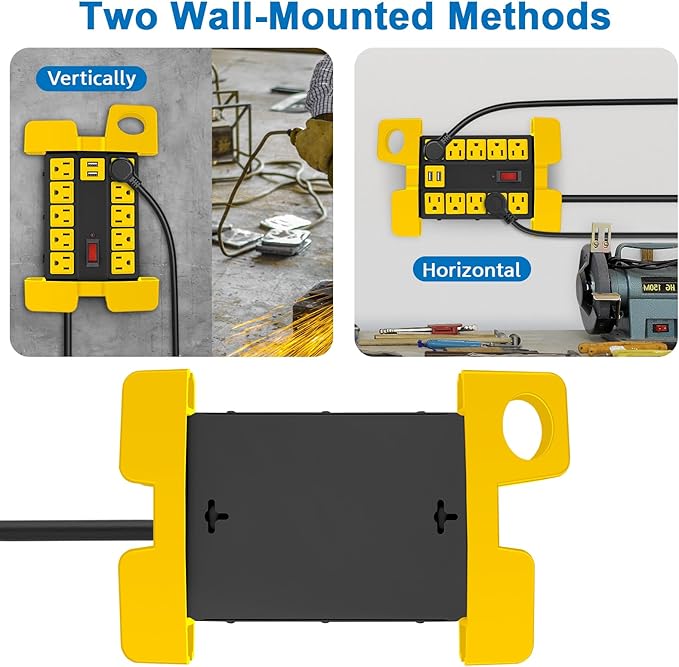 CCCEI Heavy Duty Power Strip with USB Ports, Garage 10 Outlets Surge Protector 2700 Joules, Industrial Workshop Metal 15Amp Multiple Outlets, 25 FT Extension Cord and Wide Spaced Black
