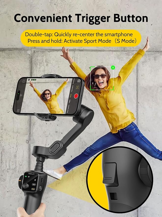 AOCHUAN 3-axis Gimbal Stabilizer w/Built-in 7.8' Extension Rod, Vlogging Phone Gimbal w/AI Tracking, Portable Smartphone Holder for iPhone w/Full-Screen OLED Display, Trigger Button Smart V8(Black)