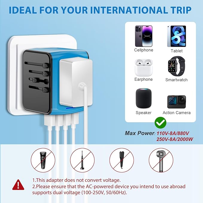Universal International Travel Power Adapter, All in One Wall Charger with High Speed 2.4A 3xUSB, 3.0A Type-C, European Adapter, Worldwide AC Outlet Plugs for UK, CA, EU, AU, Asia (Blue)