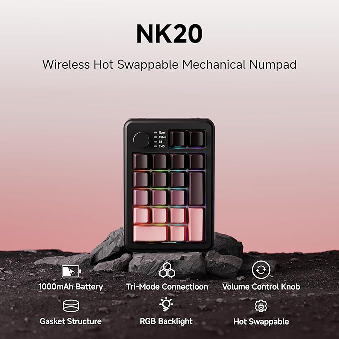 EWEADN NK20 Wireless Retro Mechanical Numpad with Knob, Bluetooth/2.4GHz/USB-C Connect with RGB Backlight Hot Swappable Number Pad, 20-Key Rechargeable External Num Pad for Win, Mac, Black Berry Pink