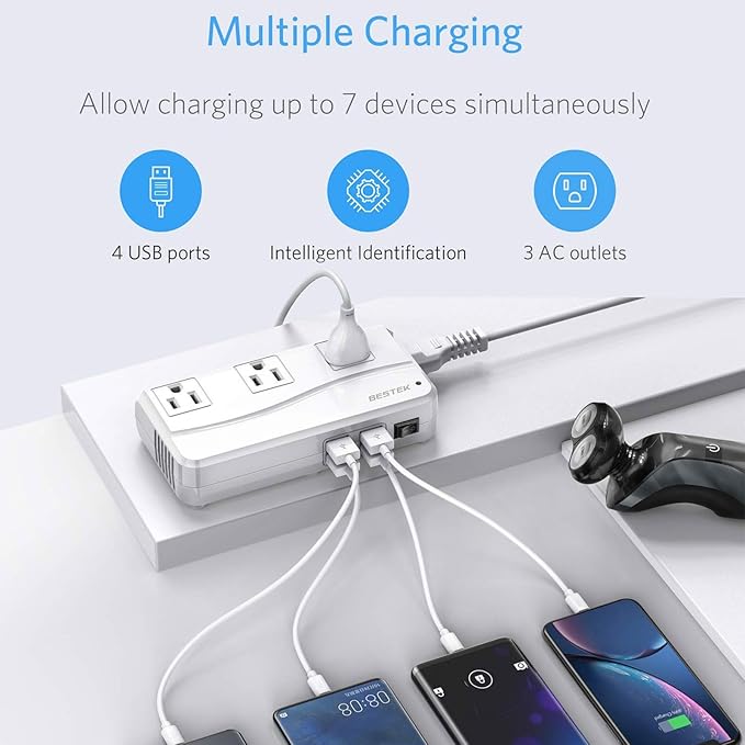 BESTEK Universal Travel Adapter 100-220V to 110V Voltage Converter 250W with 6A 4-Port USB Charging 3 AC Sockets and EU/UK/AU/US/India Worldwide Plug Adapter (03 UK Plug White)