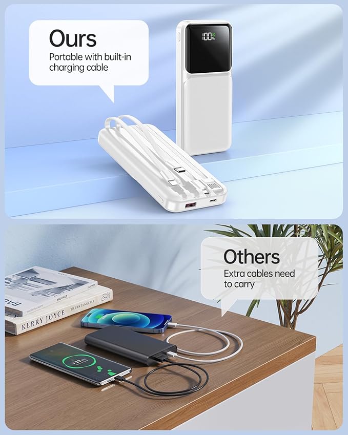 Portable Charger with Built in Cable - Power Bank Fast Charging USB C LED Display 10000mah Battery Pack 5 Outputs & 3 Inputs for Travel Essentials iPhone Samsung Android Phones Tablets White