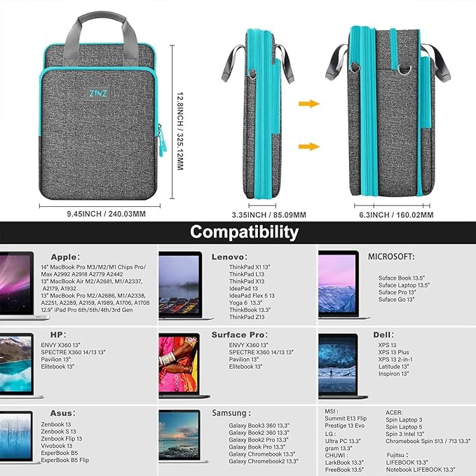 ZINZ Slim & Expandable Case 12.9 13 inch Travel Laptop Shoulder Bag for MacBook Air 13" M3/M2/M1, MacBook Pro 13" M2/M1, iPad Pro 12.9"/13"/11", iPad Air 13",L01G02