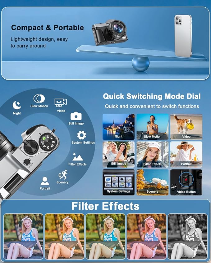 4K Digital Camera for Photography, WiFi 64MP Autofocus Vlogging Camera for YouTube, 3" 180° Flip Screen, 16X Zoom Antishake Compact Point and Shoot Travel Cameras with 32GB SD Card, 2 Batteries, Black