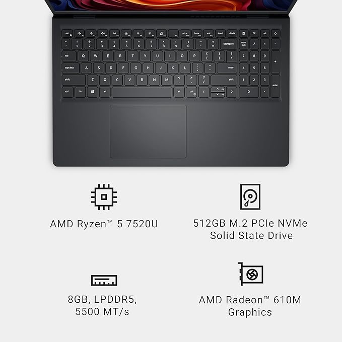 Dell 15 Laptop DC15255-15.6-inch FHD 120Hz Display, AMD Ryzen 5-7520U, 8GB LPDDR5 RAM, 512GB SSD, AMD Radeon 610M Graphics, Windows 11 Home, Onsite Service - Carbon Black