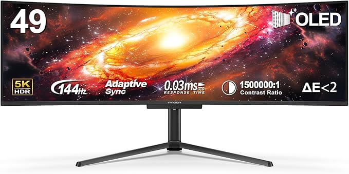 INNOCN 49" OLED Ultrawide Curved Gaming Monitor 5120 x 1440p 144Hz, 0.03ms, USB Type C 90W, HDMI 2.1, DisplayPort, USB Hub, Speakers, Adaptive-Sync, Adjustable Stand, Black