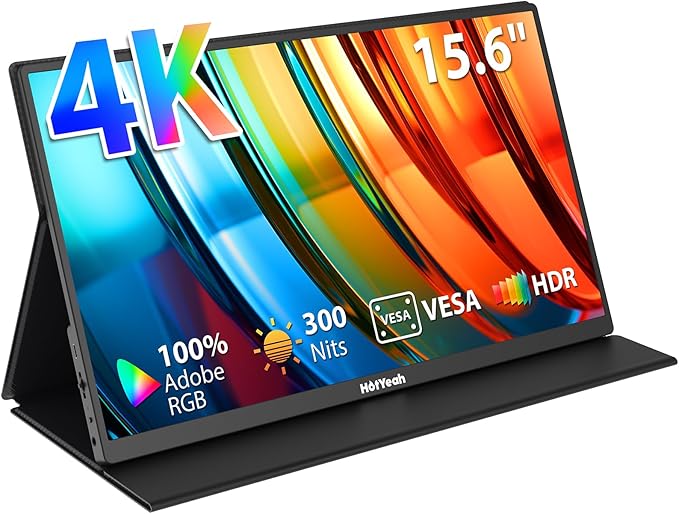 HotYeah Portable Monitor 4K, 15.6'' 3840x2160 UHD USB-C HDMI Laptop Monitor, 100% Adobe RGB HDR FreeSync External Computer Display, Travel 2nd Screen with Speakers & Smart Cover & VESA