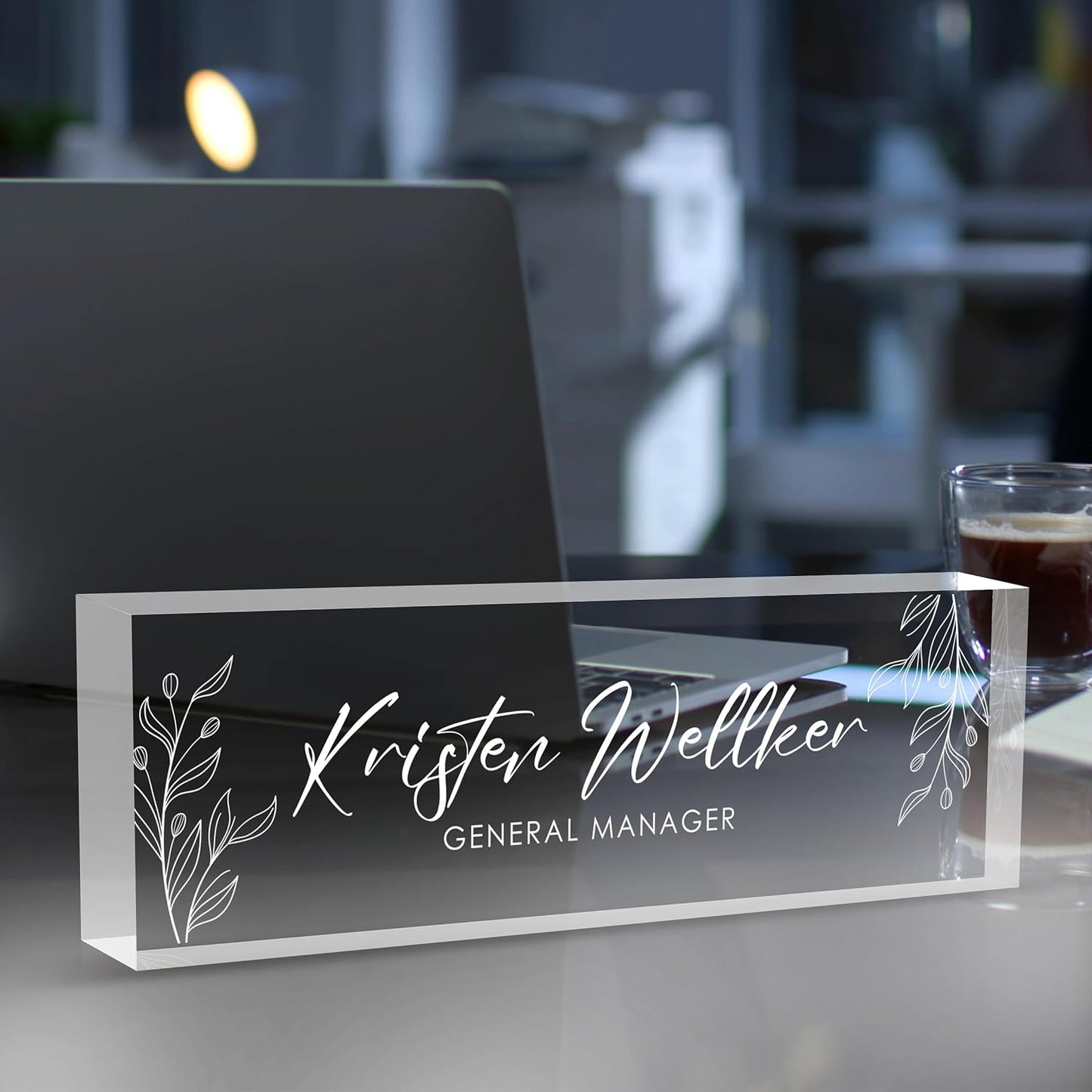 Custom Office Name Plate for Desk, Desk Name Plate Personalized, Personalized Gifts for Women, Appreciation Gifts for Employee Coworkers Boss Teacher, Office Accessories (Engrave Leaves)