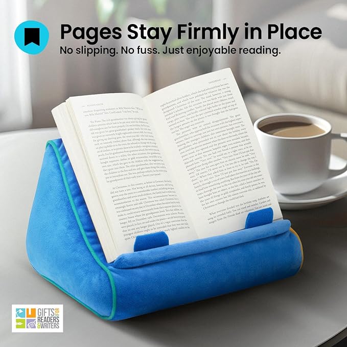 Gifts for Readers & Writers Book Pillow Tablet Stand for Bed Blue - Premium Cushioned Book Holder for Hands Free Reading, Stylish Tablet Holder for Bed, Kindle Pillow Stands & Lap Ipad Holders