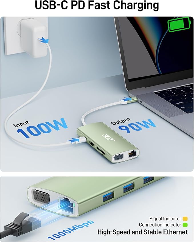 Acer USB C Hub with 4K HDMI, 9-in-1 USB C to Ethernet Adapter, 5Gbps USBA 3.0 Docking Station, VGA Splitter, SD Card Reader, PD 100W Charging for MacBook, Acer, Laptops, Surface and More (Green)