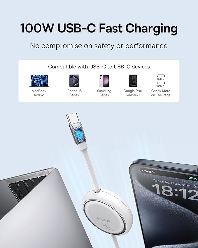 Baseus USB C to USB C Cable, 100W Retractable USB C 5A Fast Charging Cable, 4-Stage Length Preset USB Type C Charger Cord for iPhone 16 15 Pro Plus Pro Max, MacBook, iPad, Samsung S24/S23+ (3.3ft)