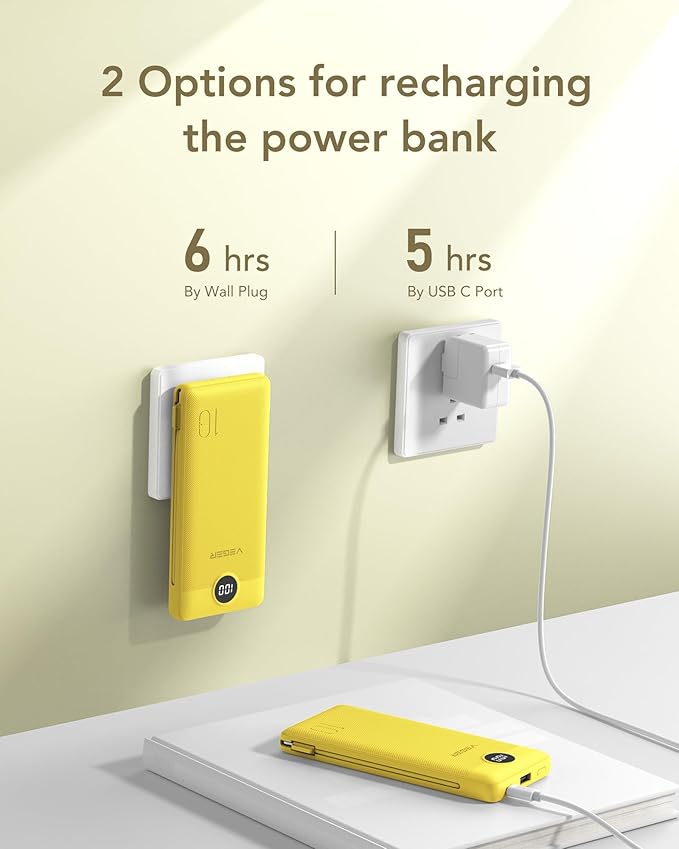 VEGER Portable Charger with Built-in AC Plug and Cables, All in One 10000mAh Ultra-Slim Power Bank, 15W Fast Charging for iPhone, Samsung, Android, Travel Essential (Yellow)