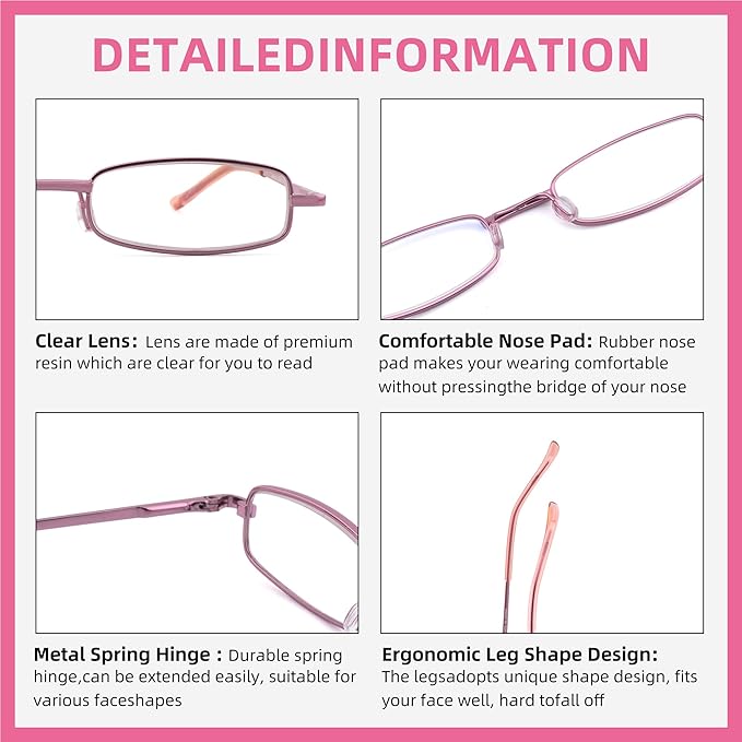 3 Pack Slim Pocket Reading Glasses for Men Women Blue Light Blocking Compact Readers Spring Hinge Metal Frame