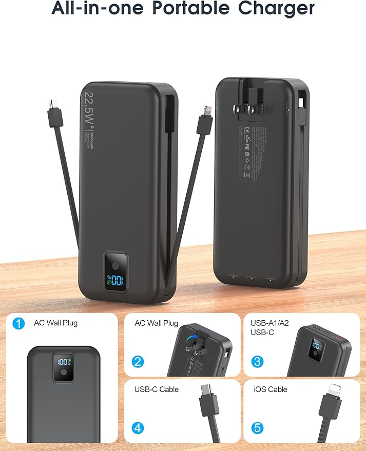 Portable Power Bank, 20000mAh 22.5W Fast Charging Phone Charger with Built-in Cables & Wall Plug, Travel Essential Battery Pack with LED Display, USB C Battery Charging Bank for iPhone, Samsung Black