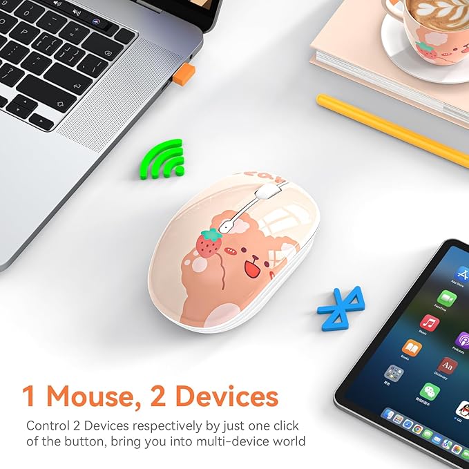 Cute Bluetooth Wireless Mouse with 2.4GHz USB Receiver, Silent Clicks, AA-Battery Powered, Durable, Lovely Cartoon Mice, Ideal for Kids, Students, Teens on Laptops, Mac, iPad, PC (Kerry Bear)