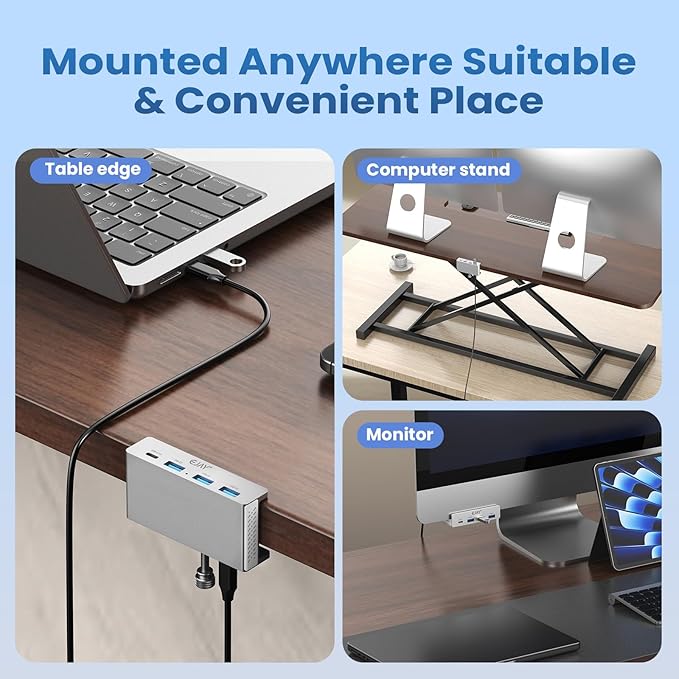 EJAY Mountable 4Ports USB3.0 HUB Alu Desktop Clamp Type C USB3.0 Splitter for Desk/Monitors with Extra Power Supply Port,59inches Data & 39inches Power Cables-5Gbps (BJ-3A1C-SV)