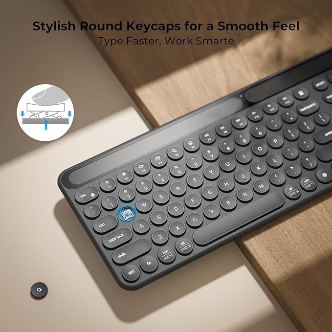 iClever Solar Bluetooth Keyboard, Wireless Keyboard with Solar & Indoor Light Charging, Full Size, 3-Device Connectivity, Silent Scissor Round Keys, Numeric Keypad for Office/Home/Mac/Windows