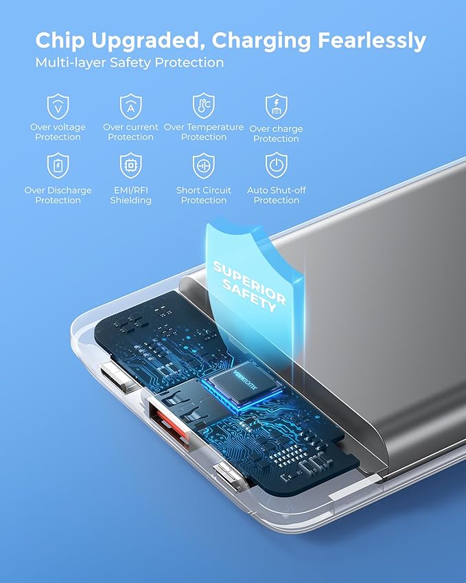 VEEKTOMX Small Portable Charger 10000mAh, Mini Power Bank 22.5W Fast Charging, Slim & Lightweight Travel Essentials, 3-Output External USB C Battery Pack Compatible with iPhone 17 16 15 (Dark Black)