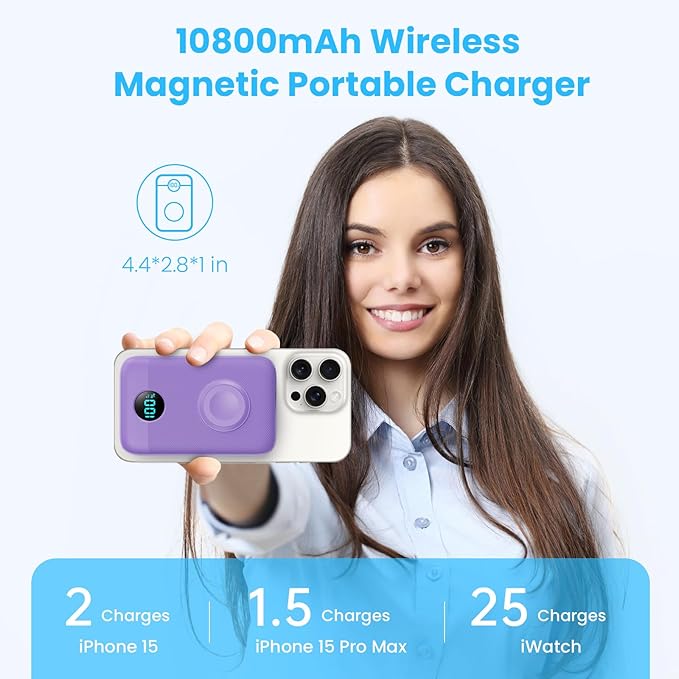 Magnetic Portable Charger 10800mAh,4-in-1 Wireless Power Bank with iWatch Charger, QC4.0+20W PD Fast Charging USB C Battery Pack with LCD Display for Magsafe,iPhone 16/15/14/13/12,Apple Watch, Purple