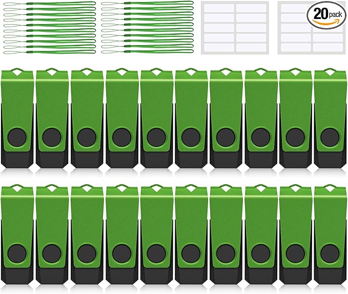 64GB USB Flash Drive 20PACK AGECASH Thumb Drive Bulk USB 2.0 Flash Drives Multi Pack Green Swivel 64GB USB Memory Stick Zip Drive Pendrive with Labels & Lanyards, USB Jump Drive Pack for Data Storage